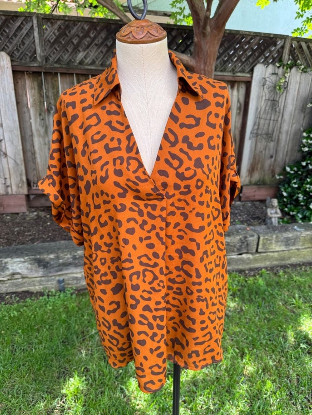 CAbi Orange Leopard Animal Print Semi Sheer Blouse Women's Size Large *Flaws*
